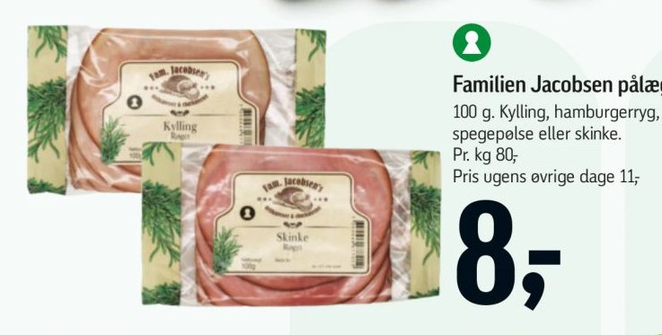 Familien Jacobsen pålæg 100 g. Kylling, hamburgerryg, spegepølse eller skinke. – Føtex
