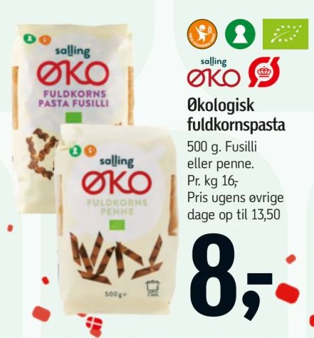 Økologisk fuldkornspasta 500 g. Fusilli eller penne. – Føtex