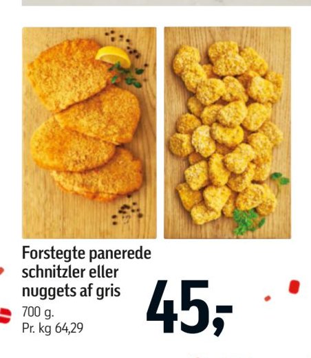 Forstegte panerede schnitzler eller nuggets af gris 700 g. Pr. kg 64,29 – Føtex
