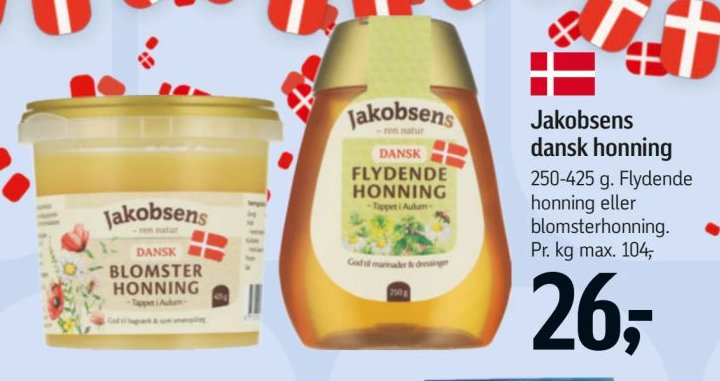 Jakobsens dansk honning 250-425 g. Flydende honning eller blomsterhonning. Pr. kg max. 104 – Føtex