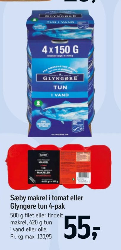 Sæby makrel i tomat eller Glyngøre tun 4-pak 500 g filet eller findelt makrel, 420 g tun i vand eller olie. Pr. kg max. 130,95 – Føtex