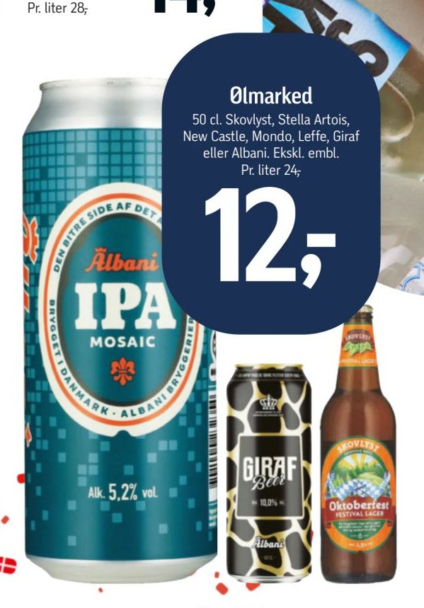 Ølmarked 50 cl. Skovlyst, Stella Artois, New Castle, Mondo, Leffe, Giraf eller Albani. Ekskl. embl. – Føtex