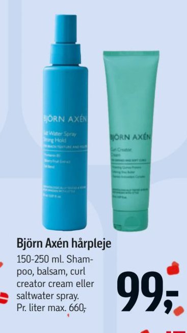 Björn Axén hårpleje 150-250 ml. Shampoo, balsam, curl creator cream eller saltwater spray. Pr. liter max. 660,- – Føtex