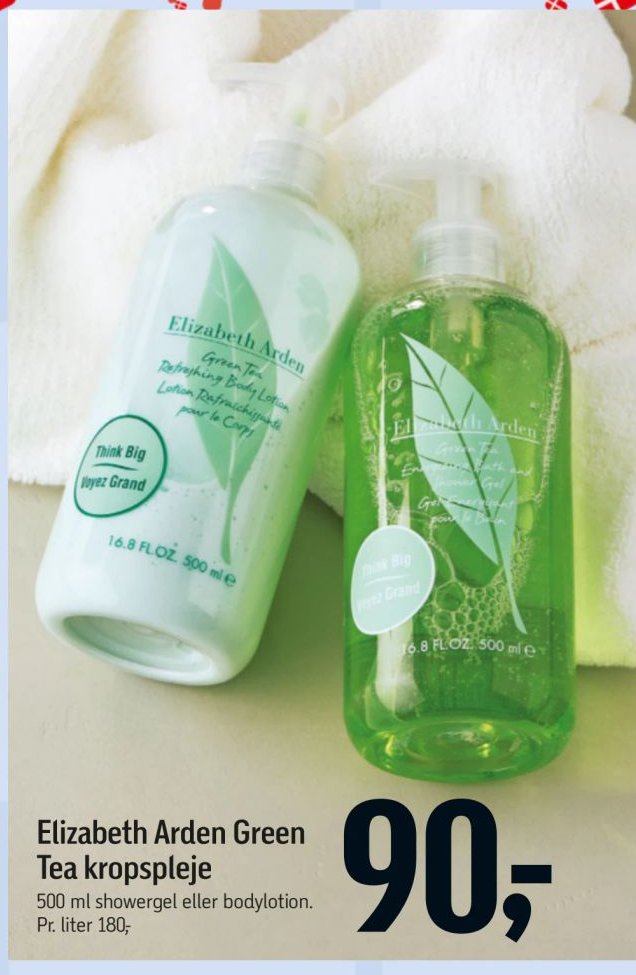 Elizabeth Arden Green Tea kropspleje 500 ml showergel eller bodylotion. Pr. liter 180,- – Føtex