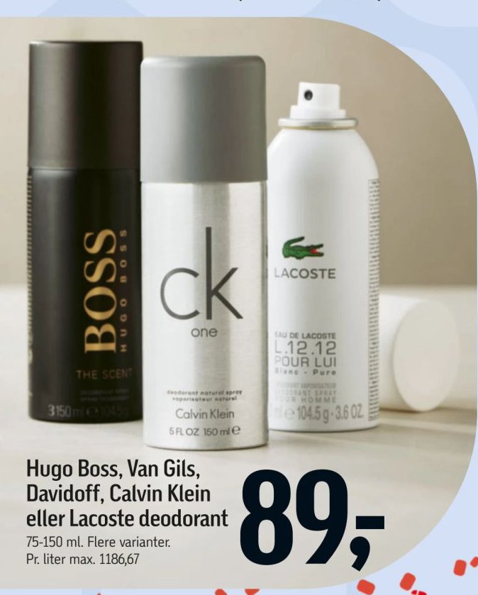 Hugo Boss, Van Gils, Davidoff, Calvin Klein eller Lacoste deodorant 75-150 ml. Flere varianter. Pr. liter max. 1186,67 – Føtex