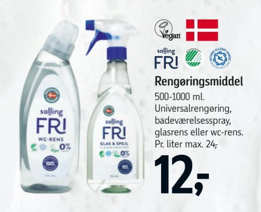 Rengøringsmiddel 500-1000 ml. Universalrengøring, badeværelsesspray, glasrens eller wc-rens. Pr. liter max. 24,- – Føtex