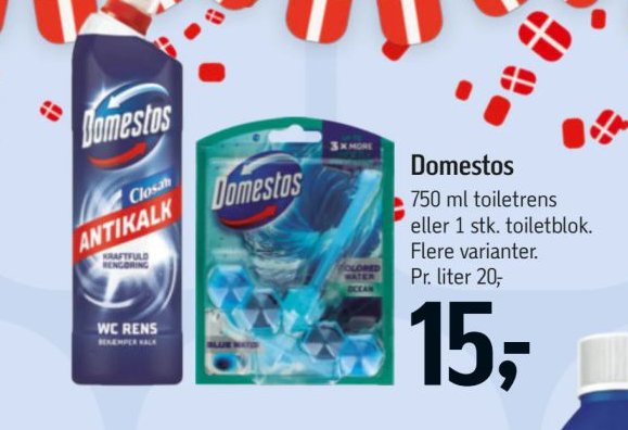 Domestos 750 ml toiletrens eller 1 stk. toiletblok. Flere varianter. Pr. liter 20,- – Føtex