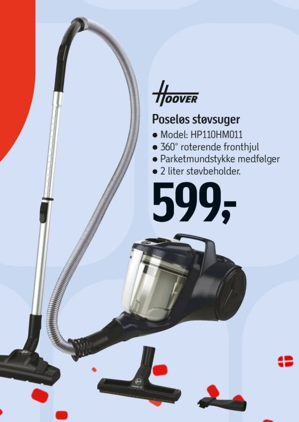 Hoover Poseløs støvsuger Model: HP110HM011 360° roterende fronthjul Parketmundstykke medfølger 2 liter støvbeholder – Føtex