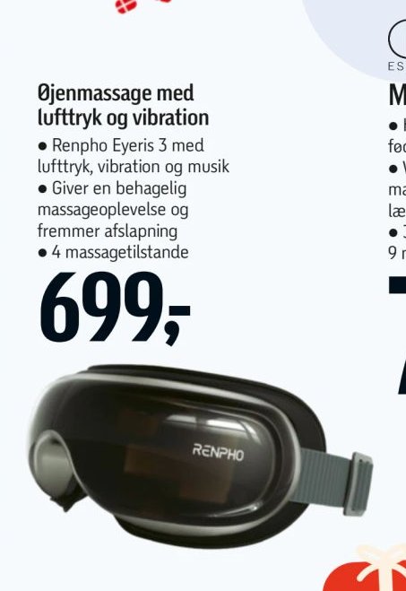 Øjenmassage med lufttryk og vibration
• Renpho Eyeris 3 med lufttryk, vibration og musik
• Giver en behagelig massageoplevelse og fremmer afslapning
• 4 massagetilstande – Føtex