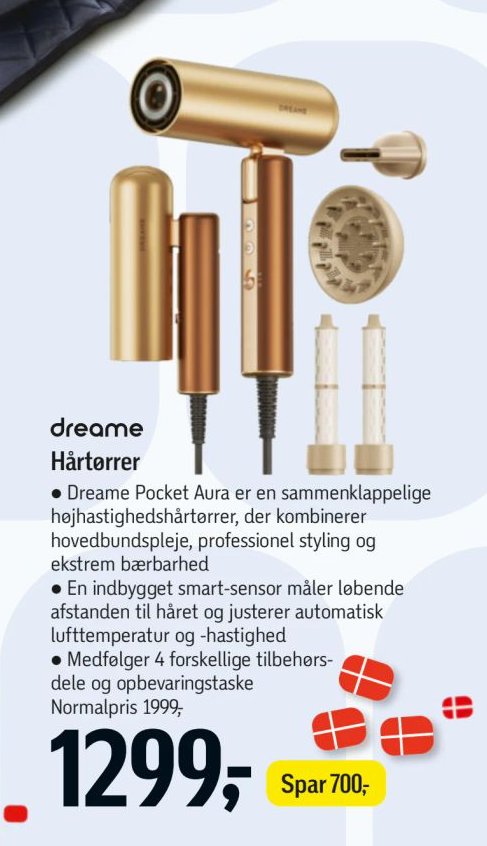 Dreame Hårtørrer
• Dreame Pocket Aura er en sammenklappelige højhastighedshårtørrer, der kombinerer hovedbundspleje, professionel styling og ekstrem bærbarhed
• En indbygget smart-sensor måler løbende afstanden til håret og justerer automatisk lufttemperatur og -hastighed
• Medfølger 4 forskellige tilbehørsdele og opbevaringstaske
Normalpris 1999,- – Føtex