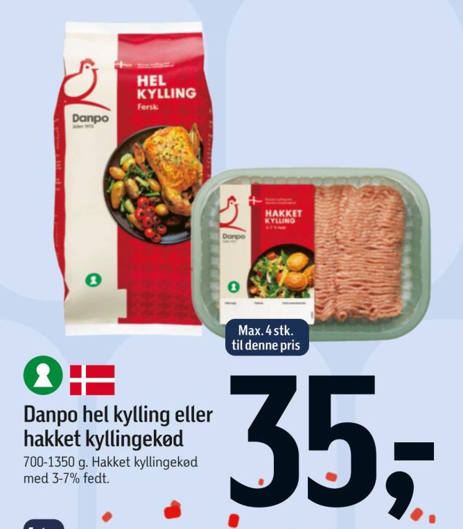 Danpo hel kylling eller hakket kyllingekød 700-1350 g. Hakket kyllingekød med 3-7% fedt. – Føtex