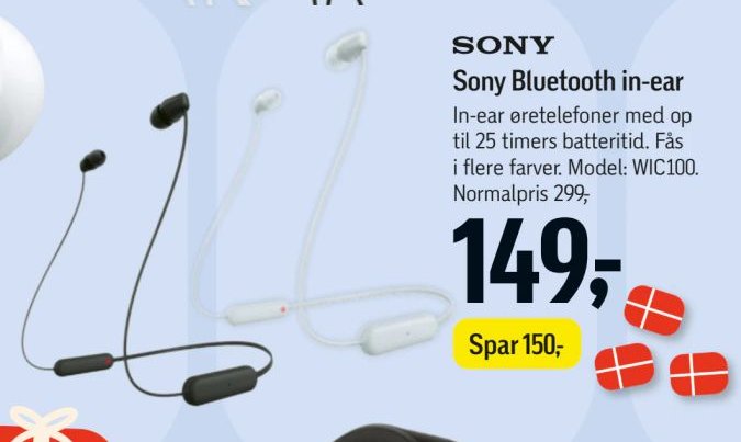 Sony Bluetooth in-ear In-ear øretelefoner med op til 25 timers batteritid. Fås i flere farver. Model: WIC100. Normalpris 299,- – Føtex