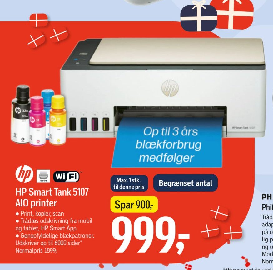 HP Smart Tank 5107 AIO printer Print, kopier, scan Trådløs udskrivning fra mobil og tablet, HP Smart App Genopfyldelige blækpatroner. Udskriver op til 6000 sider* Normalpris 1899,- – Føtex