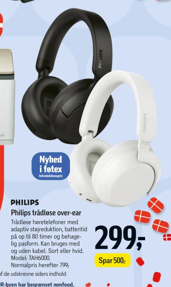 Philips trådløse over-ear Trådløse høretelefoner med adaptiv støjreduktion, batteritid på op til 80 timer og behagelig pasform. Kan bruges med og uden kabel. Sort eller hvid. Model: TAH6000. Normalpris herefter 799,- – Føtex