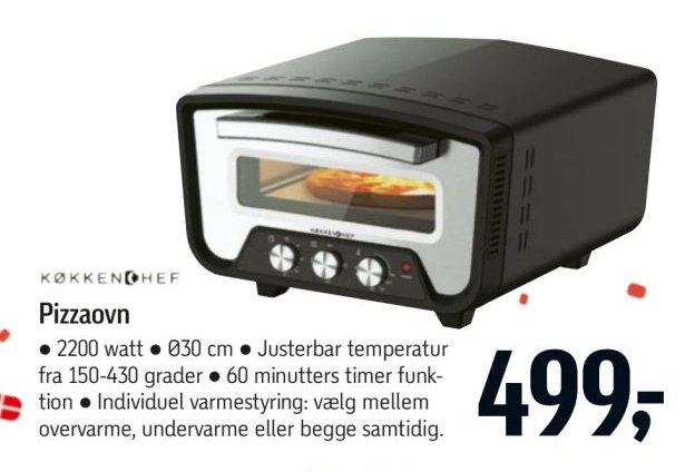 Pizzaovn • 2200 watt • Ø30 cm • Justerbar temperatur fra 150-430 grader • 60 minutters timer funktion • Individuel varmesyring: vælg mellem overvarme, undervarme eller begge samtidig. – Føtex