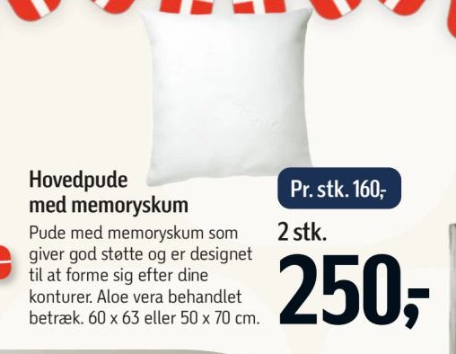Hovedpude med memoryskum Pude med memoryskum som giver god støtte og er designet til at forme sig efter dine konturer. Aloe vera behandlet betræk. 60 x 63 eller 50 x 70 cm. – Føtex