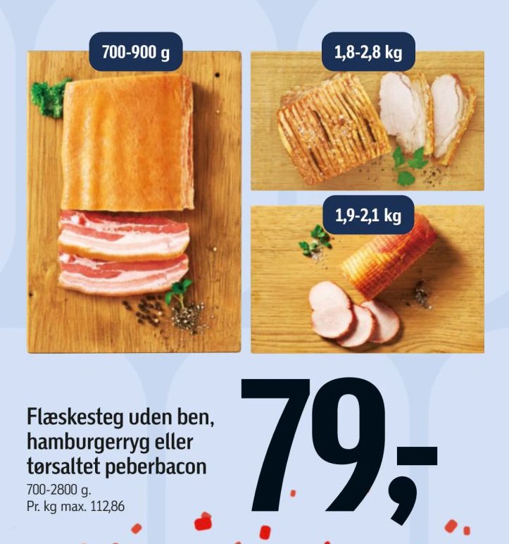 Flæskesteg uden ben, hamburgerryg eller tørsaltet peberbacon 700-2800 g – Føtex