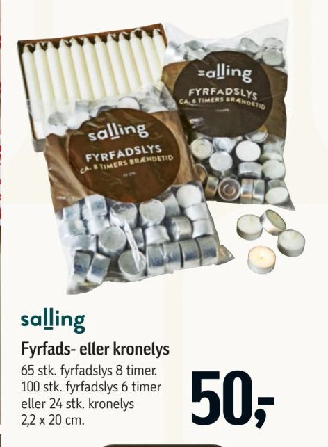 Fyrfads- eller kronelys 65 stk. fyrfadslys 8 timer. 100 stk. fyrfadslys 6 timer eller 24 stk. kronelys 2,2 x 20 cm. – Føtex