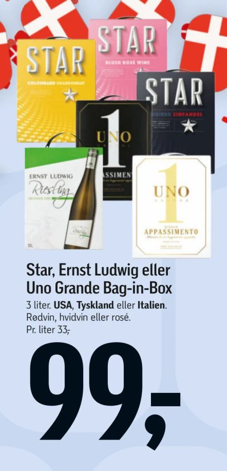 Star, Ernst Ludwig eller Uno Grande Bag-in-Box 3 liter. USA, Tyskland eller Italien. Rødvin, hvidvin eller rosé. – Føtex