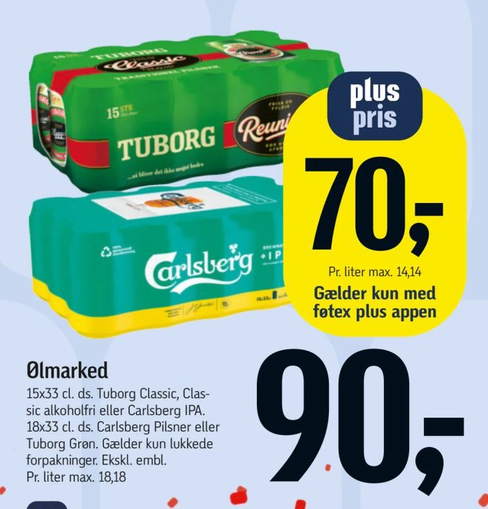 Ølmarked 15x33 cl. ds. Tuborg Classic, Classic alkoholfri eller Carlsberg IPA. 18x33 cl. ds. Carlsberg Pilsner eller Tuborg Grøn. Gælder kun lukkede forpakninger. Ekskl. embl. – Føtex