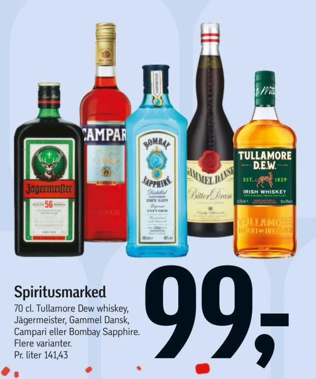 Spiritusmarked 70 cl. Tullamore Dew whiskey, Jägermeister, Gammel Dansk, Campari eller Bombay Sapphire. Flere varianter. – Føtex