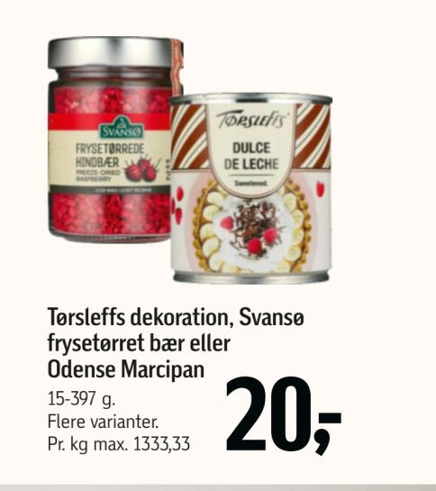 Tørsleffs dekoration, Svansø frysetørret bær eller Odense Marcipan – Føtex