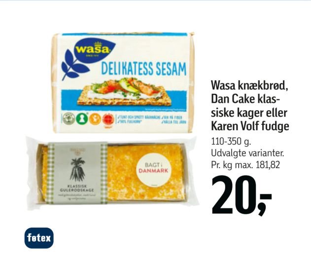 Wasa knækbrød, Dan Cake klassiske kager eller Karen Volf fudge – Føtex