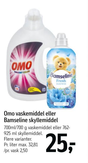 Omo vaskemiddel eller Bamseline skyllemiddel – Føtex