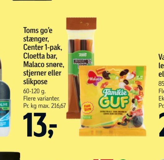 Toms go’e stænger, Center 1-pak, Cloetta bar, Malaco snøre, stjerner eller slikpose – Føtex