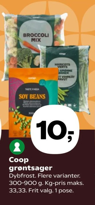 Coop grøntsager Dybfrost. Flere varianter. 300-900 g. Kg-pris maks. 33,33. Frit valg. 1 pose. – Kvickly