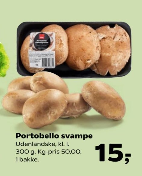 Portobello svampe Udenlandske, kl. I. 300 g. Kg-pris 50,00. 1 bakke. – Kvickly