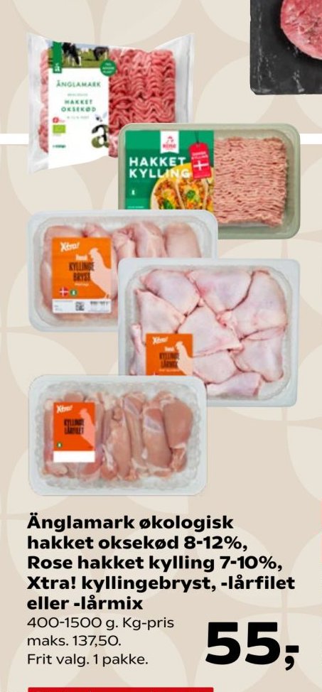 Änglamark økologisk hakket oksekød 8-12%, Rose hakket kylling 7-10%, Xtra! kyllingebryst, -lårfilet eller -lårmix 400-1500 g – Kvickly