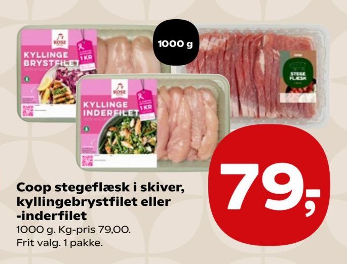Coop stegeflæsk i skiver, kyllingebrystfilet eller -inderfilet 1000 g. – Kvickly