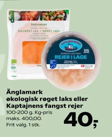 Änglamark økologisk røget laks eller Kaptajnens fangst rejer 100-200 g. – Kvickly