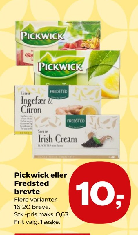 Pickwick eller Fredsted breve Flere varianter. 16-20 breve. Stk.-pris maks. 0,63. Frit valg. 1 æske. – Kvickly