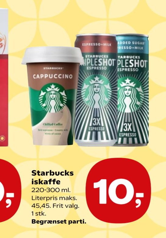 Starbucks iskaffe 220-300 ml. Literpris maks. 45,45. Frit valg. 1 stk. Begrænset parti. – Kvickly
