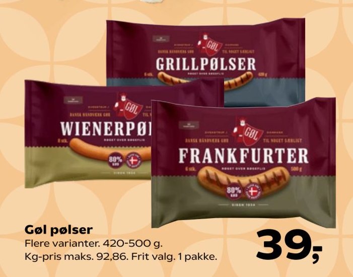 Gøl pølser Flere varianter. 420-500 g. Kg-pris maks. 92,86. Frit valg. 1 pakke. – Kvickly