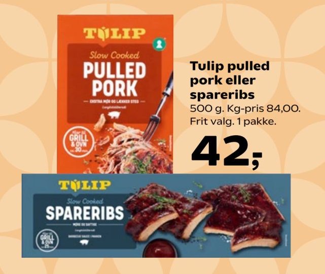 Tulip pulled pork eller spareribs 500 g. Kg-pris 84,00. Frit valg. 1 pakke. – Kvickly
