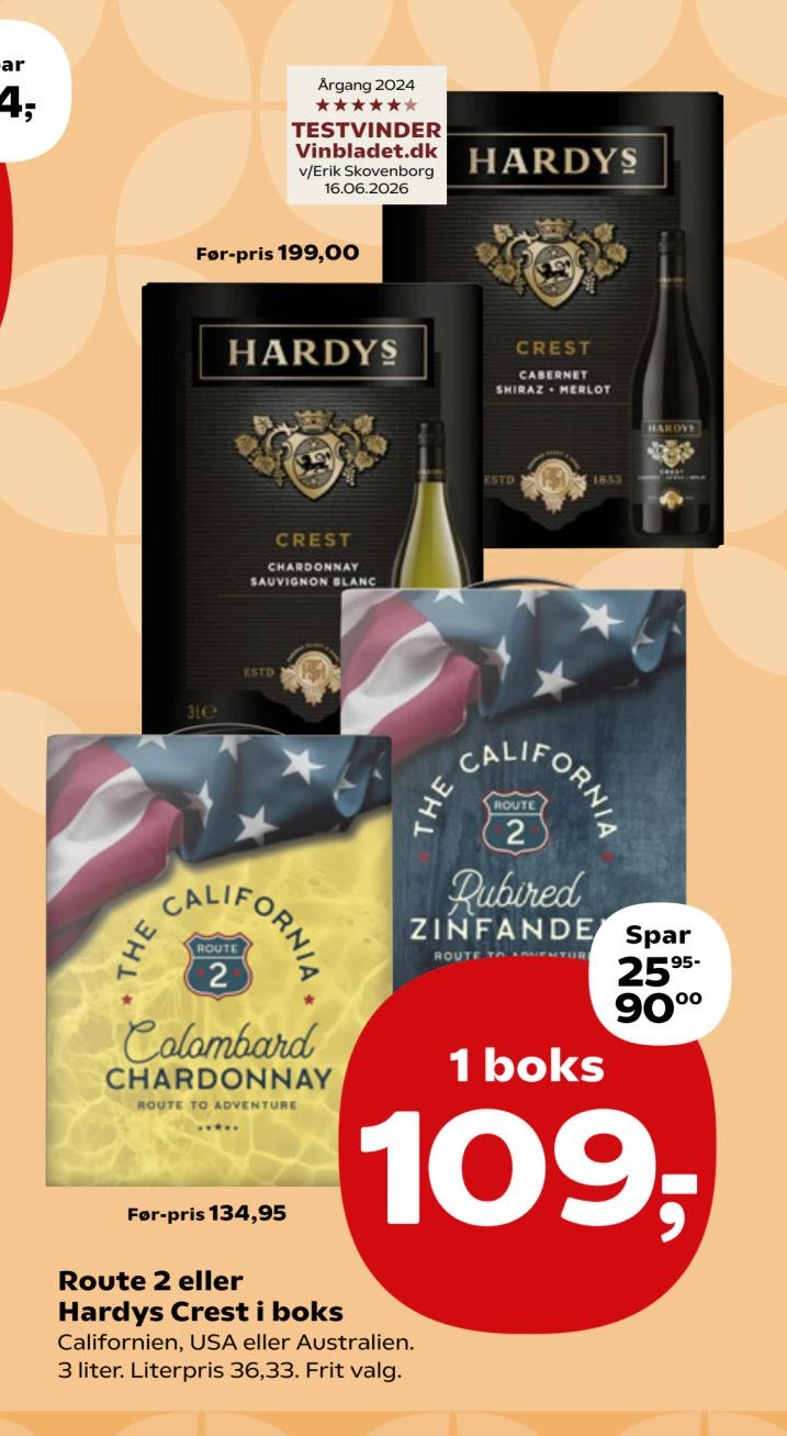Route 2 eller Hardys Crest i boks Californien, USA eller Australien. 3 liter. Literpris 36,33. Frit valg. – Kvickly
