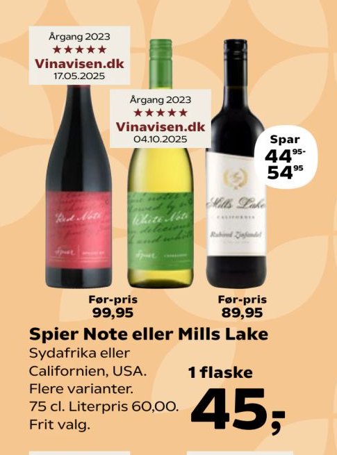 Spier Note eller Mills Lake Sydafrika eller Californien, USA. Flere varianter. 75 cl. Literpris 60,00. Frit valg. – Kvickly