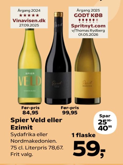 Spier Veld eller Ezimit Sydafrika eller Nordmakedonien. 75 cl. Literpris 78,67. Frit valg. – Kvickly