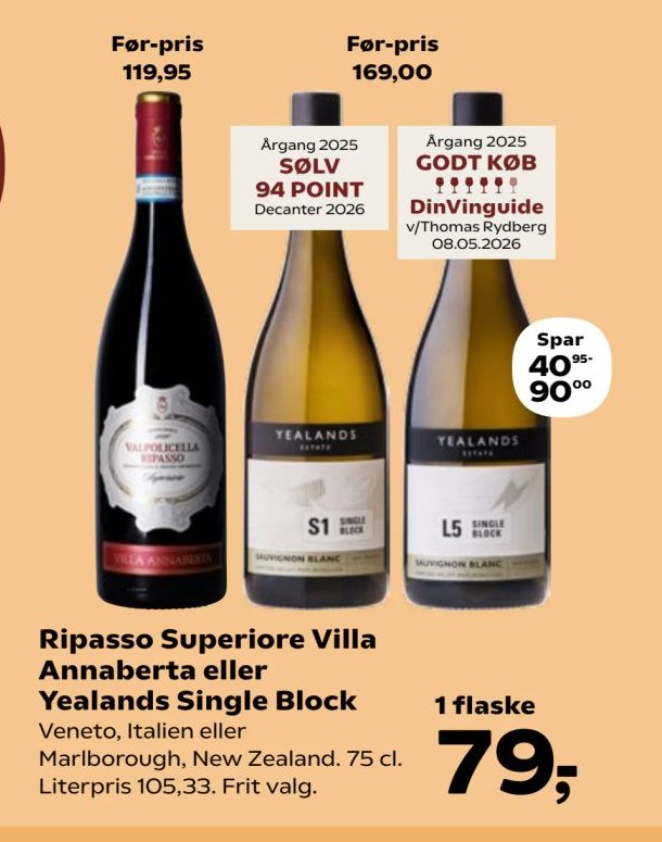Ripasso Superiore Villa Annaberta eller Yealands Single Block Veneto, Italien eller Marlborough, New Zealand. 75 cl. – Kvickly