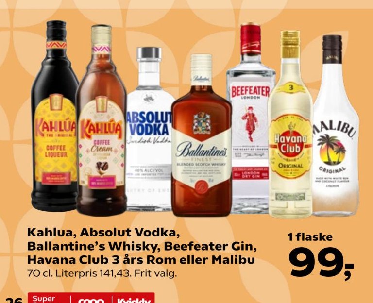 Kahlua, Absolut Vodka, Ballantine's Whisky, Beefeater Gin, Havana Club 3 års Rom eller Malibu 70 cl. – Kvickly