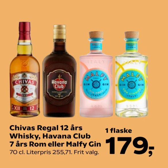 Chivas Regal 12 års Whisky, Havana Club 7 års Rom eller Malfy Gin 70 cl. – Kvickly