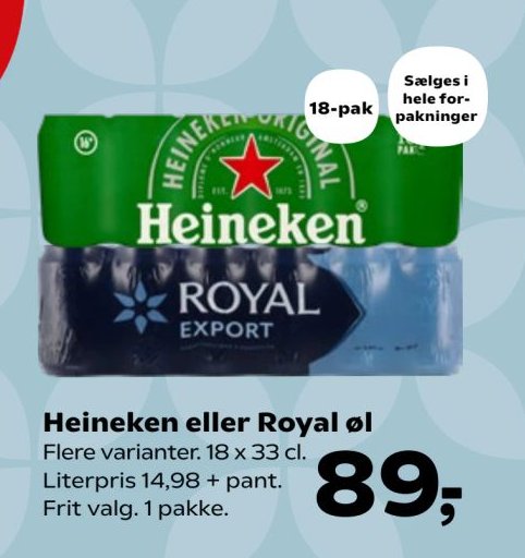 Heineken eller Royal øl Flere varianter. 18 x 33 cl. Literpris 14,98 + pant. Frit valg. 1 pakke. – Kvickly