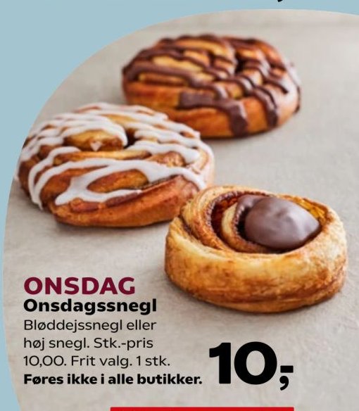 ONSDAG Onsdags snegl Bløddelssnegl eller høj snegl. Stk.-pris 10,00. Frit valg. 1 stk. Fores ikke i alle butikker. – Kvickly