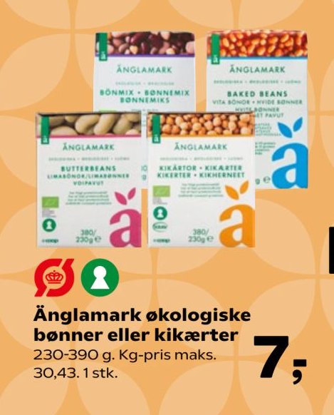 Änglamark økologiske bønner eller kikærter 230-390 g. Kg-pris maks. 30,43. 1 stk. – Kvickly