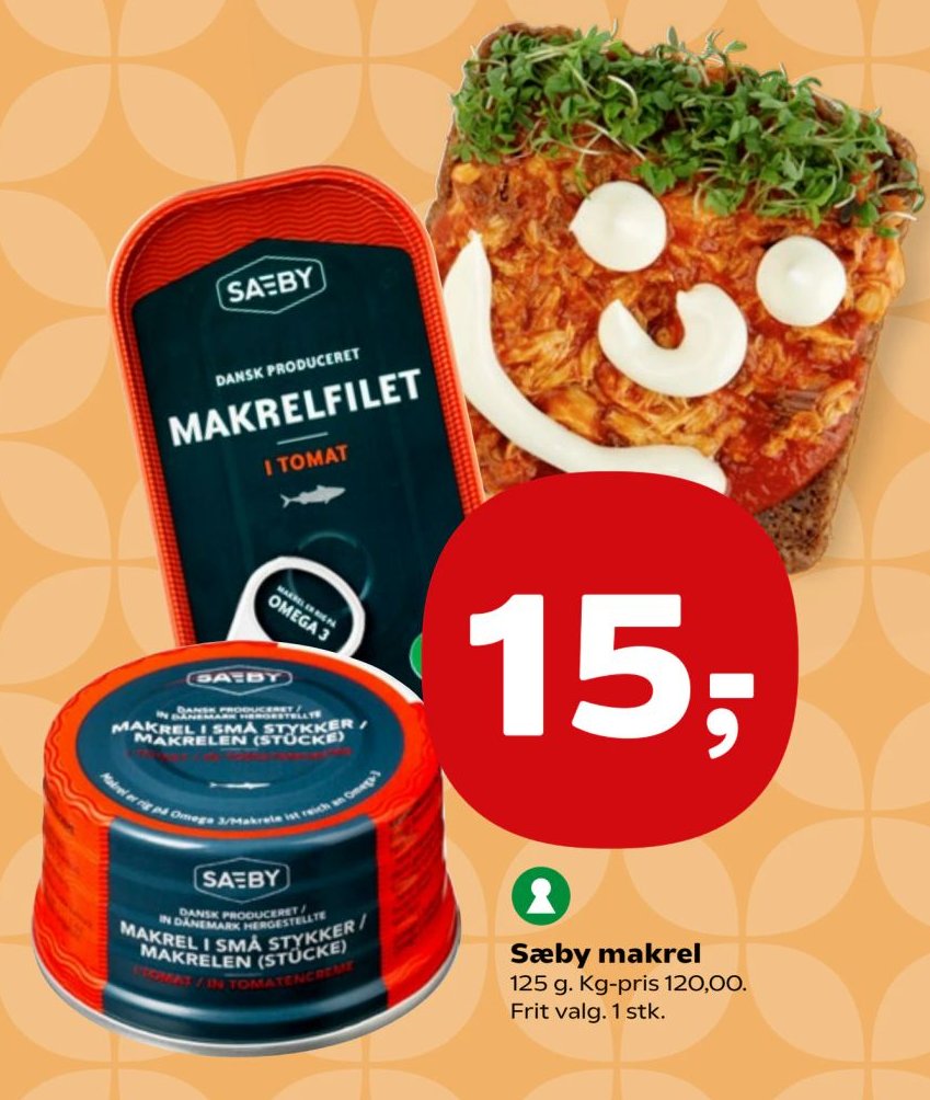 Sæby makrel 125 g. Kg-pris 120,00. Frit valg. 1 stk. – Kvickly