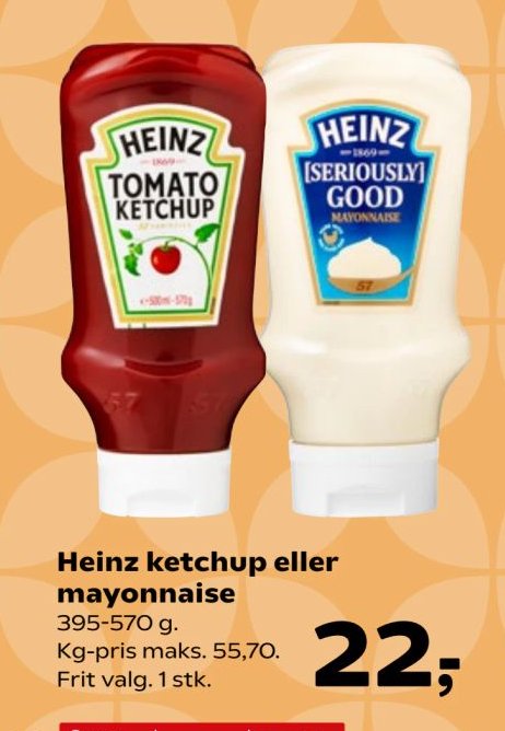 Heinz ketchup eller mayonnaise 395-570 g. Kg-pris maks. 55,70. Frit valg. 1 stk. – Kvickly