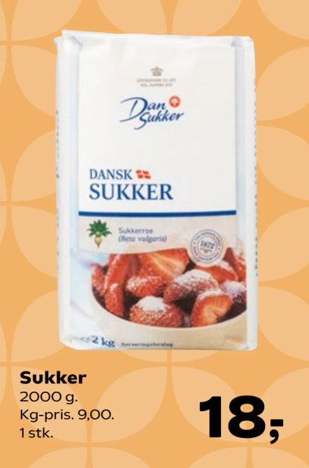Sukker 2000 g. Kg-pris 9,00. 1 stk. – Kvickly